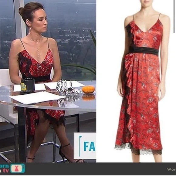 Cinq A Sept Womens Silk Floral Lace Trim Midi Dress Red Black Size XS 0 Elegant - Picture 3 of 14